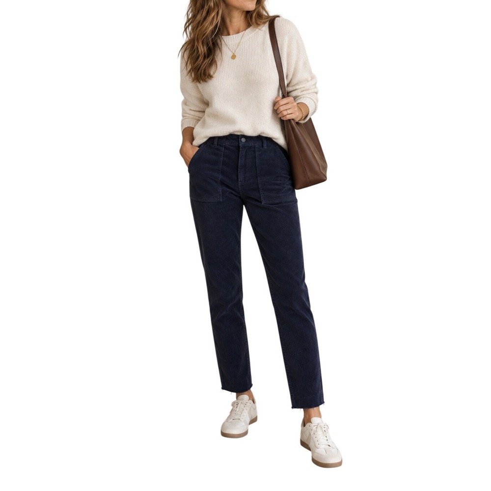 Nili Lotan Pants Womens 4 Navy Blue Corduroy Shon Utility Straight Raw Hem USA